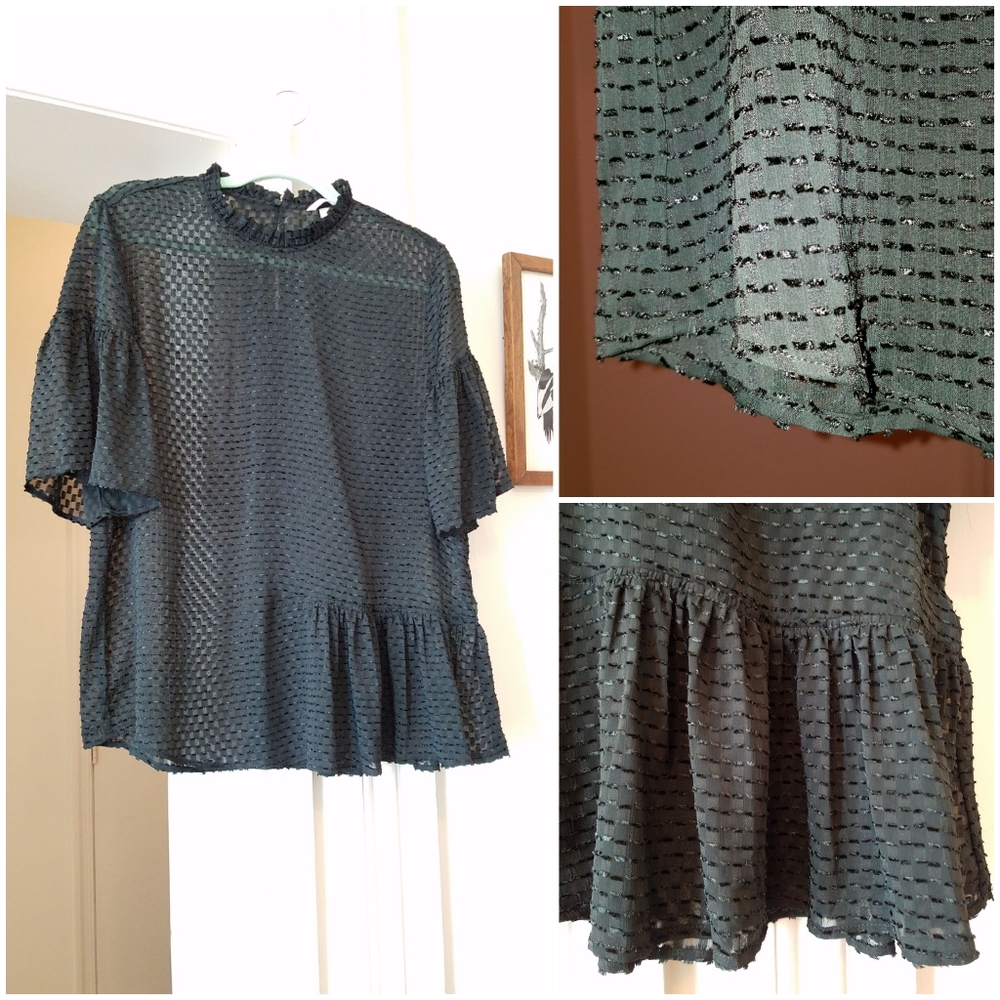 H&M Dark Green Sheer Textured Ruffle Blouse Sz L